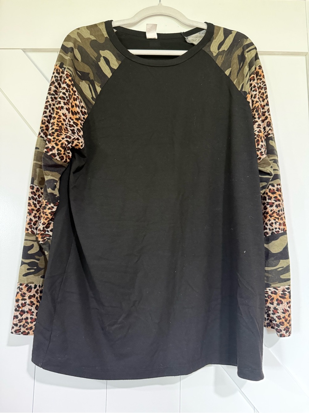 Black Raglan Top with Camo & Leopard Sleeves - Women's